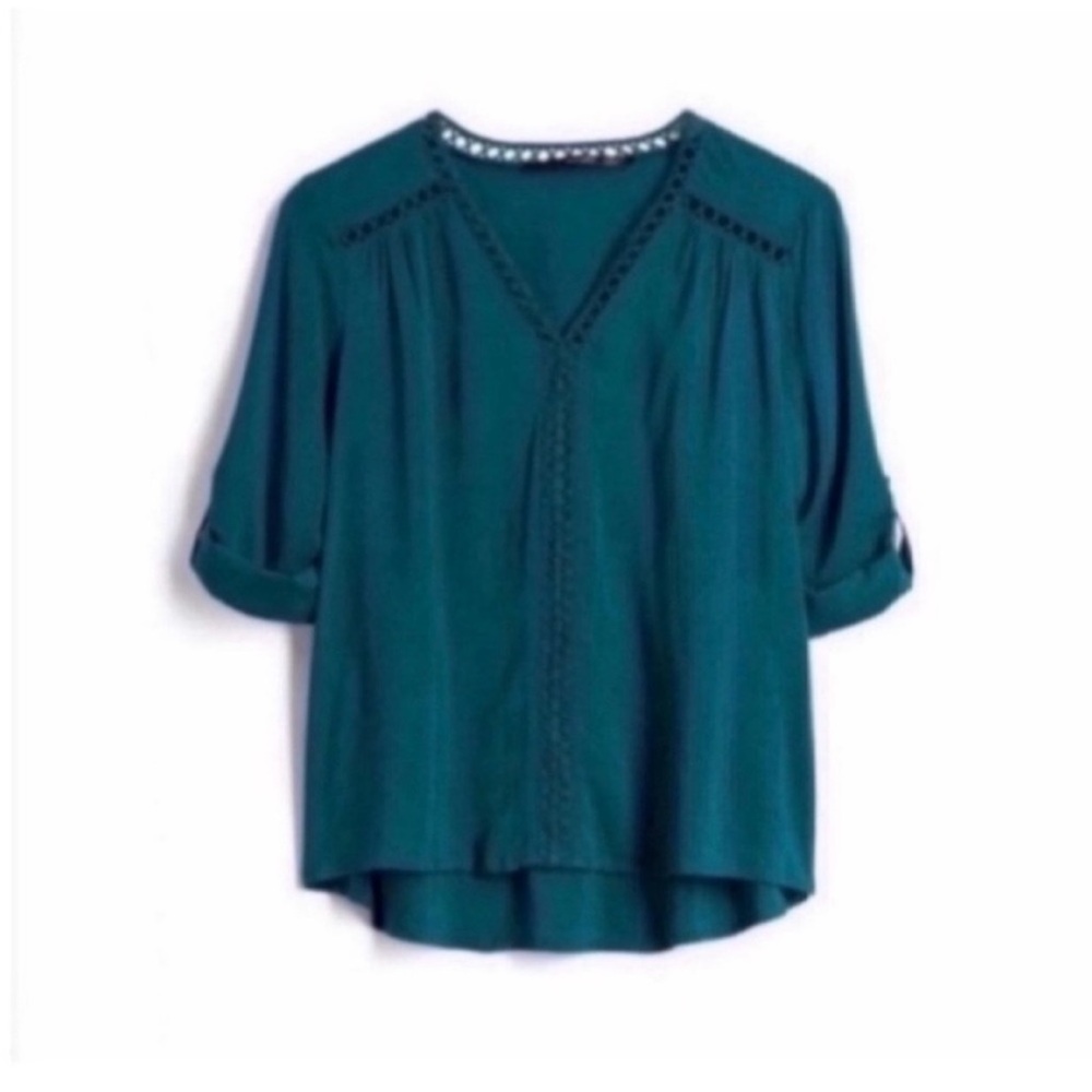 fun 2 fun Teal V-Neck Roll-Sleeve Blouse